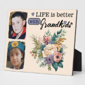 花のある生活は孫と一緒ならもっと素敵　2枚の写真　紫 フォトプラーク (側面)