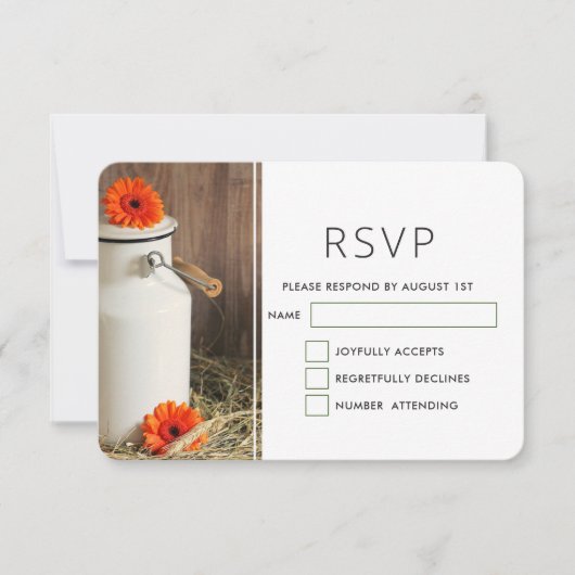 花のある素朴な白いミルクジャー ウェディング 出欠カード (正面)