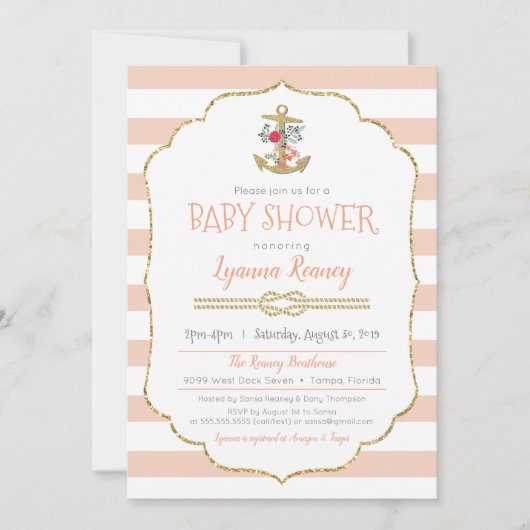 花のいかりを持つ航海のなベビーシャワーの招待状 招待状 (正面)
