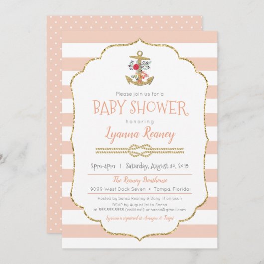 花のいかりを持つ航海のなベビーシャワーの招待状 招待状 (正面/裏面)
