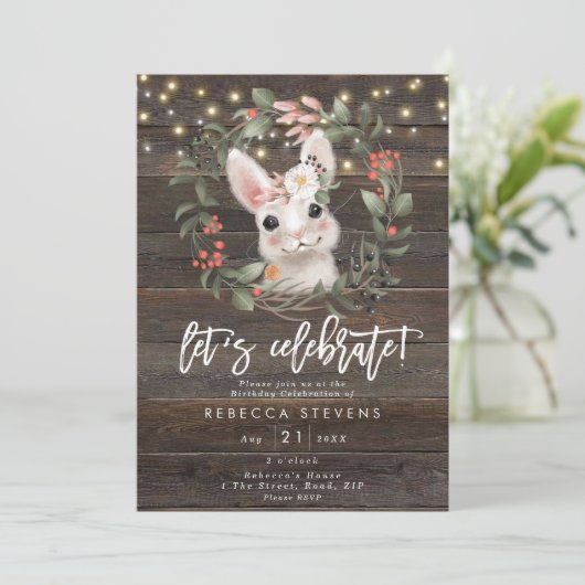 花のかわいいウサギのバニーは誕生日を祝おう 招待状 (スタンド正面)