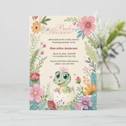 花のかわいい赤ちゃんワニの卵から生まれる - 女の子 招待状 (スタンド正面)
