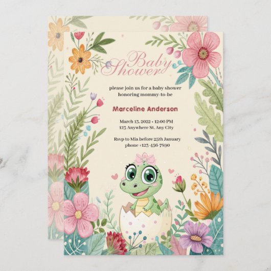 花のかわいい赤ちゃんワニの卵から生まれる - 女の子 招待状 (正面/裏面)