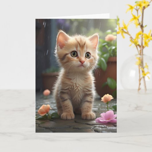 花のじゅうたんの上に座っているかわいいオレンジ色のタビー猫 カード (黄色い花)