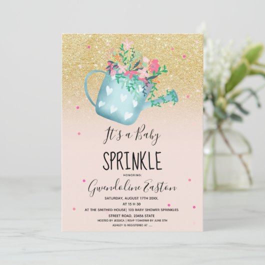 花のじょうろの金ゴールドのベビーはシャワーを振りかけます 招待状 (スタンド正面)