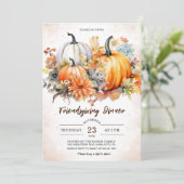 花のついたカボチャと秋の葉のフレンドギビングディナー 招待状 (スタンド正面)