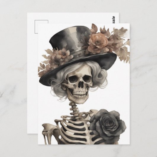 花のついた帽子のファンシー水彩骨格 ポストカード (正面/裏面)