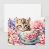 花のついた湯飲みの中の水彩子猫 ポストカード (正面/裏面)