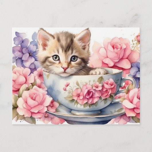 花のついた湯飲みの中の水彩子猫 ポストカード (正面)