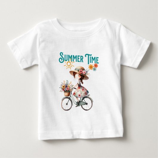 花のついた自転車に乗る夏の少女 ベビーTシャツ (正面)