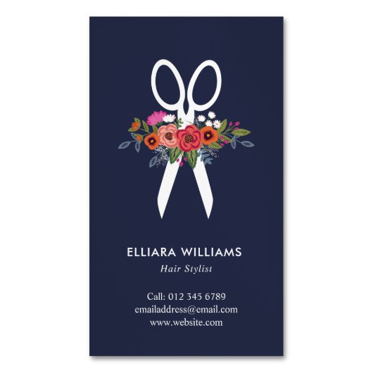 花のはさみ-濃紺の美容師 マグネット名刺 (正面縦)