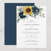 花のひまわり ネイビーブルー グリーンの結婚式 招待状 (正面/裏面)