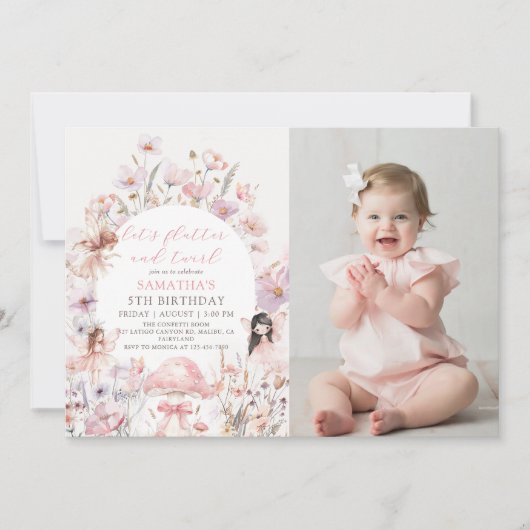 花のふわりと回る妖精の誕生日写真 招待状 (正面)