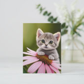 花のようなかわいいグレーの猫 ポストカード (スタンド正面)