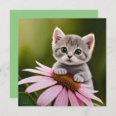 花のようなかわいいグレーの猫 招待状 (正面/裏面)