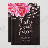 花のようなピンクとブラウンの素朴な木とライトのスイート16 招待状 (正面/裏面)