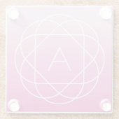 花のような幾何学的モノグラム |ピンク色の網掛グラデーションけ ガラスコースター (裏面)