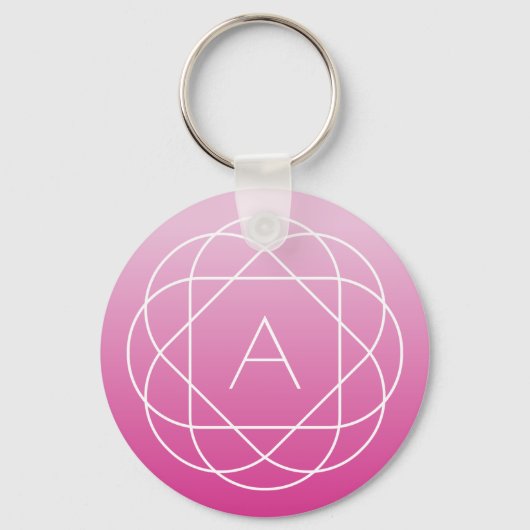 花のような幾何学的モノグラム |ピンク色の網掛グラデーションけ キーホルダー (正面)