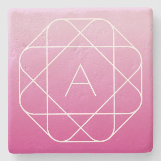 花のような幾何学的モノグラム |ピンク色の網掛グラデーションけ ストーンコースター (正面)