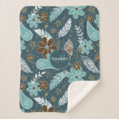 花のような羽のようなティール（緑がかった色）ターコイズ茶色のボホ シェルパブランケット (正面)