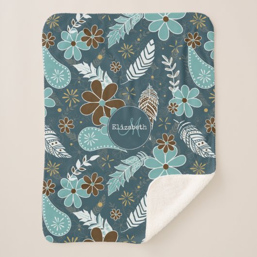 花のような羽のようなティール(緑がかった色)ターコイズ茶色のボホ シェルパブランケット (正面)