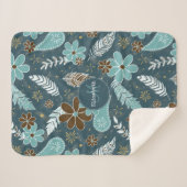 花のような羽のようなティール(緑がかった色)ターコイズ茶色のボホ シェルパブランケット (正面(横))