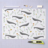 花のような青いクジラの春のイラストパターン 薄葉紙 (クラフト)