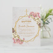 花のような ゴールド マーブル ピンク オーキッド 幾何学的な 洗礼 招待状 (スタンド正面)