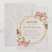 花のような ゴールド マーブル ピンク オーキッド 幾何学的な 洗礼 招待状 (正面/裏面)