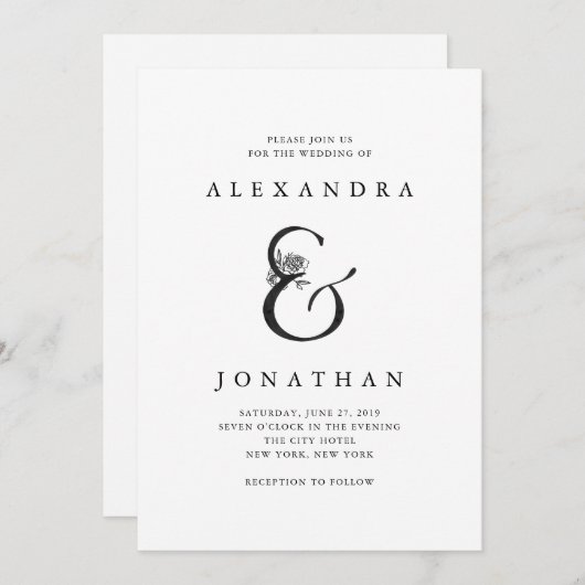 花のアンパーサンド|の白黒結婚式 招待状 (正面/裏面)