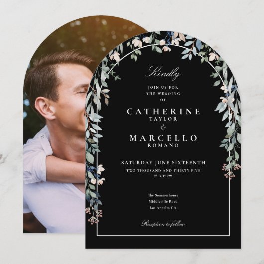 花のアーチの写真 白黒のウェディング 招待状 (正面/裏面)