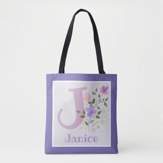 花のイニシャルと名前のJanice トートバッグ (正面)