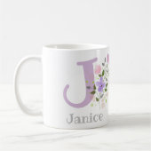 花のイニシャルと名前入り Janice コーヒーマグカップ (左)