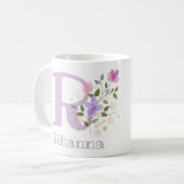 花のイニシャル+名前。フローラルデザイン コーヒーマグカップ (正面左)