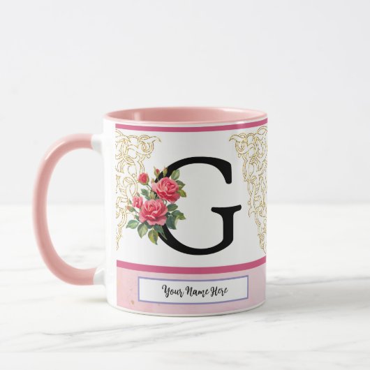 花のイニシャルGマグカップ - 名前入りモノグラム カスタムマグ マグカップ (左)
