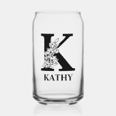 花のイニシャルKモノグラムと名前のカスタマイズ ガラス缶 (正面)