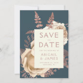 花のイボリー ローズゴールド ティール 結婚式 Save the Date 招待状 (正面)