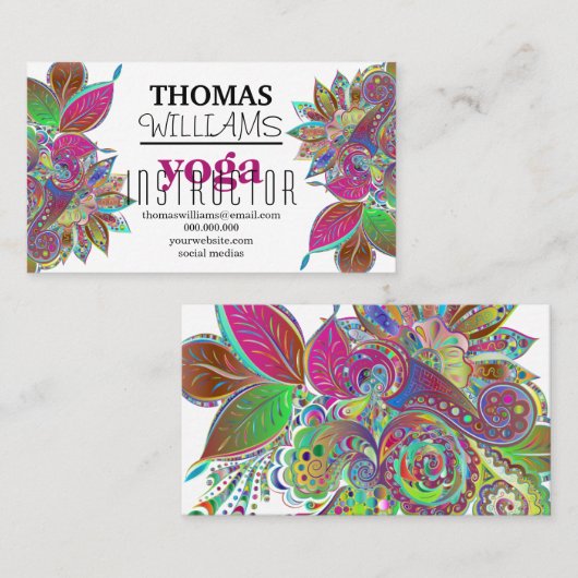 花のイラストレーションのヨガのインストラクターの曼荼羅のHenna 名刺 (正面/裏面)