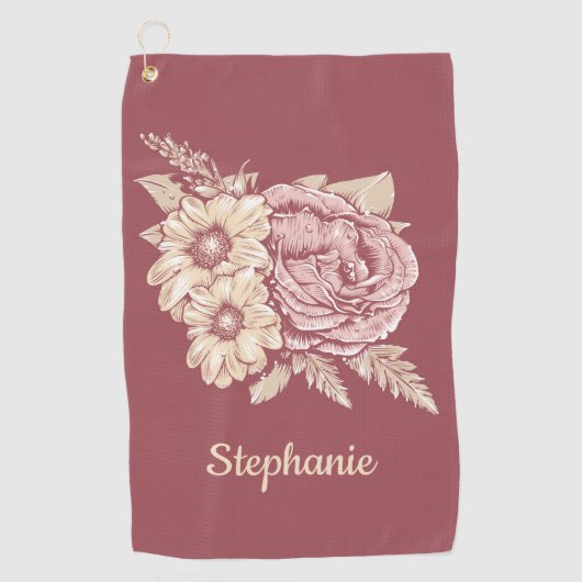 花のイラストレーションの名前をカスタムするのゴルフタオル ゴルフタオル (正面)