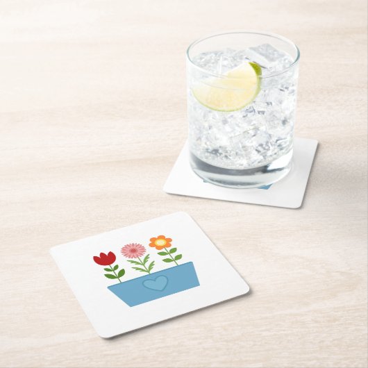 花のイラストレーションBlue Window BoxキャンバスP スクエアペーパーコースター (インサイチュ)