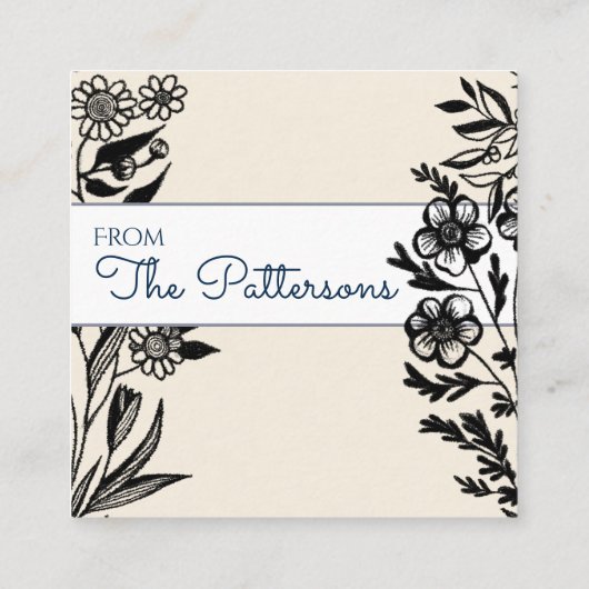 花のイラスト 黒の線画 白とベージュ スクエア名刺 (裏面)