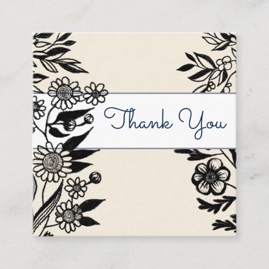 花のイラスト 黒の線画 白とベージュ スクエア名刺 (正面)