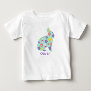 花のイースターバニーカスタムネームTシャツ ベビーTシャツ
