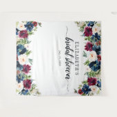 花のウェディングシャワー ネイビーブルー ワインレッド 水彩 タペストリー (正面(横))