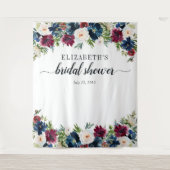 花のウェディングシャワー ネイビーブルー ワインレッド 水彩 タペストリー (正面)