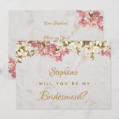 花のウェディングパーティへのお願い ピンクのランガージュ大理石カード シーズンカード (正面/裏面)