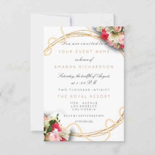 花のウェディングマーブルバースデーゴールドピンクパール 招待状 (正面)