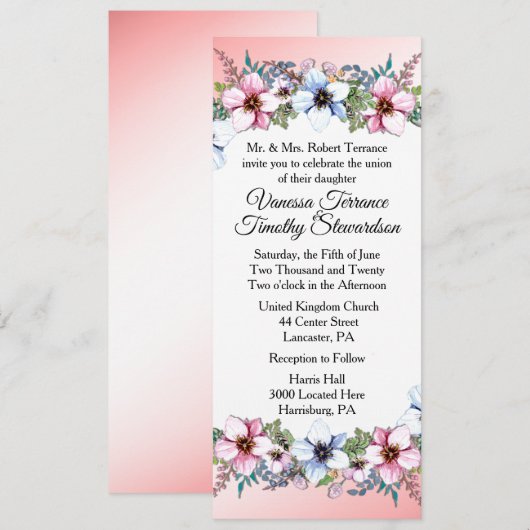 花のウェディング招待状 ピンク 招待状 (正面/裏面)