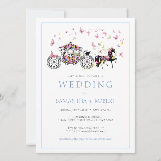 花のウェディング馬車と蝶のウェディング 招待状 (正面)