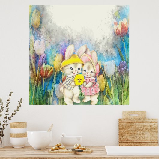 花のウサギ ポスター (キッチン)
